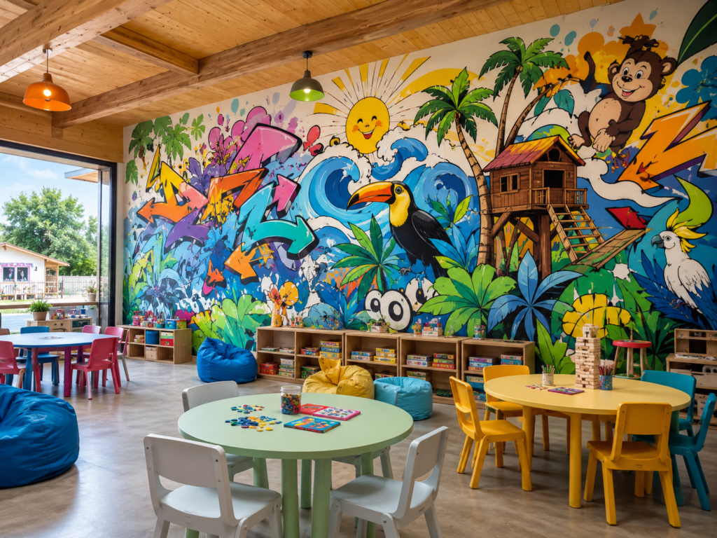 fresque murale camping animation jeunesse