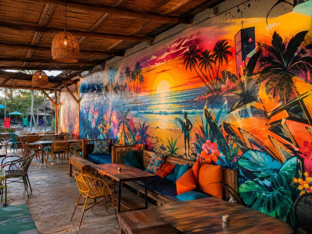 fresque murale camping espace detente plage