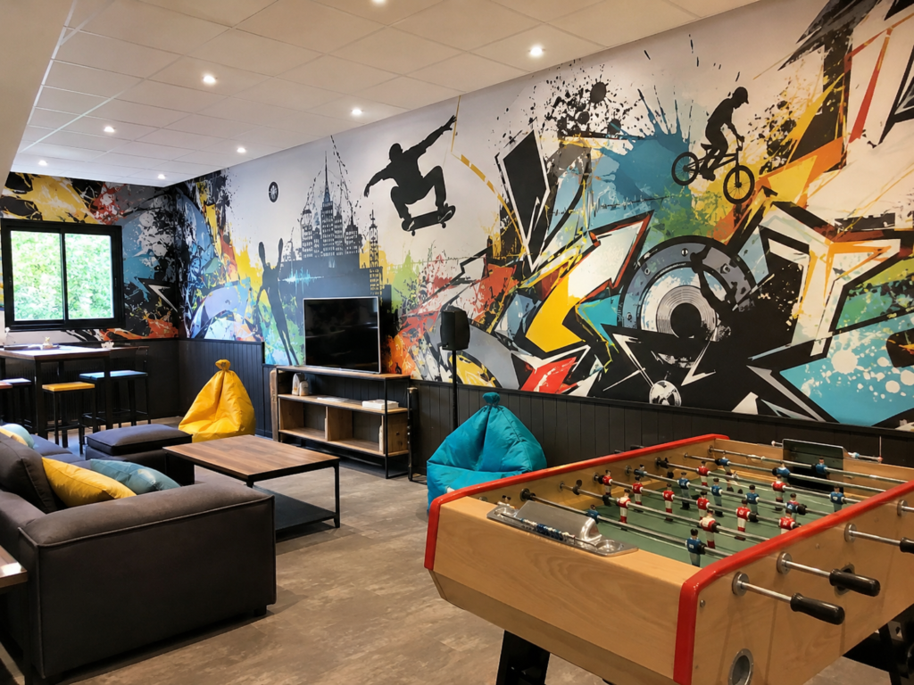 fresque murale camping salle de jeux