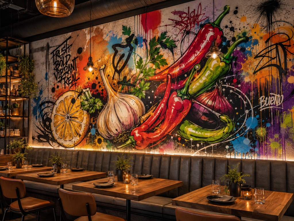 fresque murale restaurant légumes vegan
