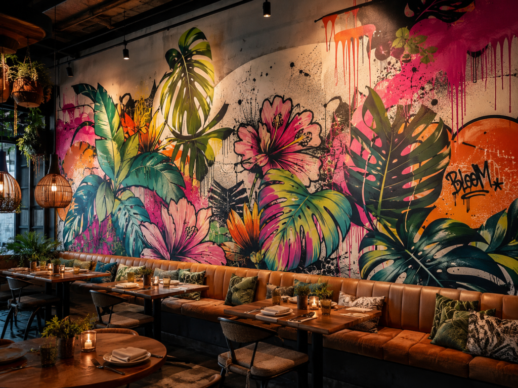 fresque murale restaurant motif floral
