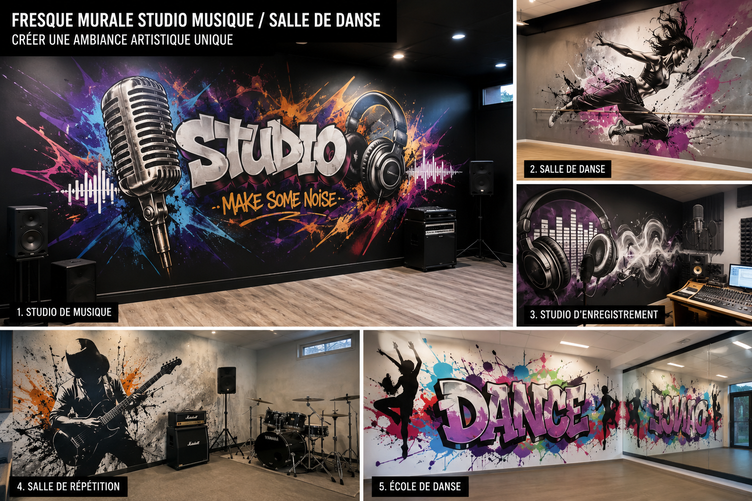 fresque murale pour studio d'enregistremet salle de danse ecole de danse salle de répétition