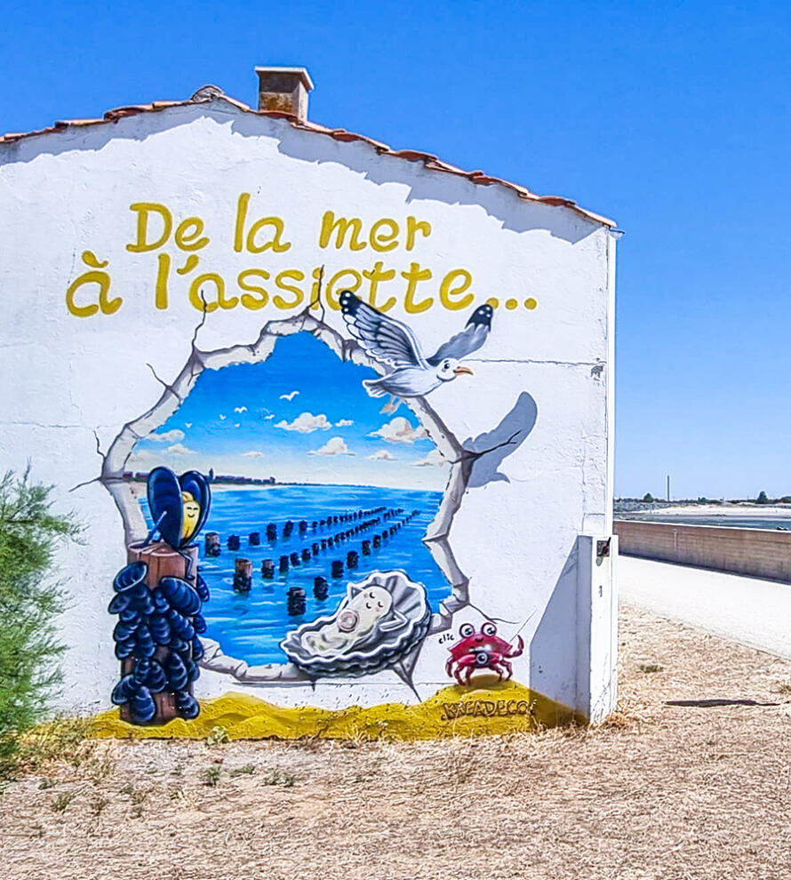 Fresque street-art en trompe l'oeil - mur extérieur "Entreprise Prevost" Huître les Boucholeurs (La rochelle / Aytré / Yves)